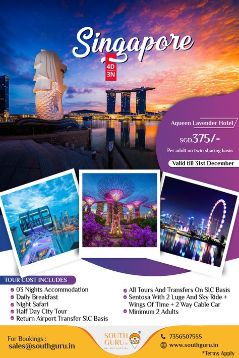 Singapore Tour Packages | Best Deals Guaranteed | Southguru Holidays Book Singapore Packages at Southguru Holidays for best prices. Plan your Singapore Tour with customized Singapore packages Book Now! SouthGuru Holidays Private Limited Thiruvananthapuram Ph - 0471 4010855 Mob - 73565 07555 / 08555 Mail - sales@southguru.in www.southguru.in Travel Graphic Design, Singapore Tour Package, Travel Brochure Design, Travel Advertising Design, Travel Banner, Travel Flyer, Singapore Tour, Travel 2024, Travel Creative