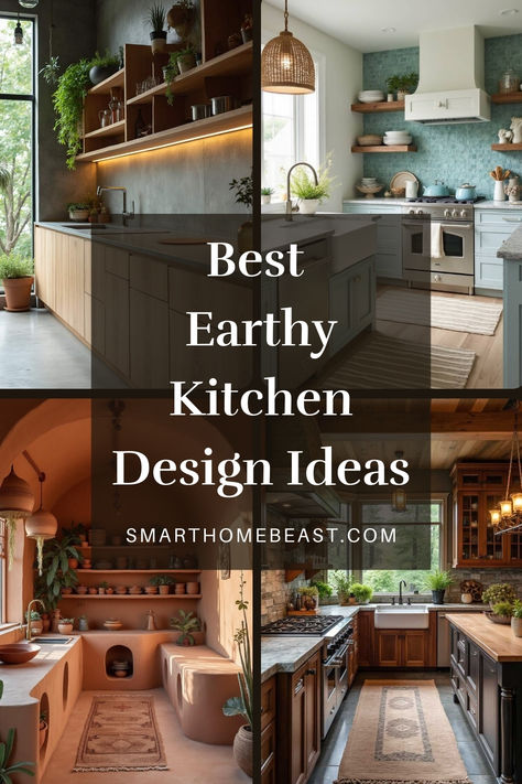 An image showcasing various earthy kitchen designs, featuring rustic wood, stone accents, greenery, and warm, natural tones for a cozy and stylish home. Earthy Modern Kitchen Design, Earthy Interior Design Kitchen, Modern Earthy Kitchen Design, Earthy Home Ideas, Earthy Vintage Kitchen, Earthy Kitchen Color Schemes, Earthy Kitchen Ideas Earth Tones, Natural Earthy Kitchen, Kitchen Earth Tones