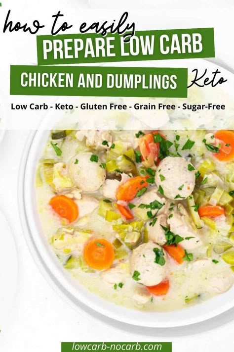 Easy to make Keto Chicken and Dumplings Recipe with homemade dumplings will be your new favorite comfort food. It's both delicious and low carb. Enjoy the flavor of buttery dumpling balls and healthy vegetables combined with a savory and creamy broth. Low Carb Comfort Food Recipes, Low Carb Chicken And Dumplings, Healthy Chicken And Dumplings, Keto Chicken And Dumplings, Keto Dumplings, Chicken And Dumpling Recipe, Low Carb Beef Stew, Beef Stew With Dumplings, Stew And Dumplings