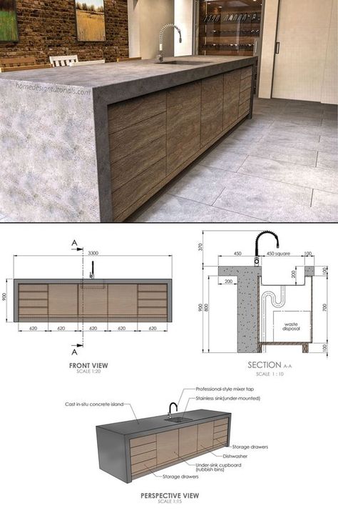 Kitchen Island Plans Layout, Measurement Plan Architecture, Kitchen Section Drawing Interior Design, Kitchen Island Construction Details, Kitchen Island Dimensions Layout, Diy Concrete Kitchen Island, Interior Architecture Details, Kitchen Island Detail Drawing, Kitchen Island Drawing