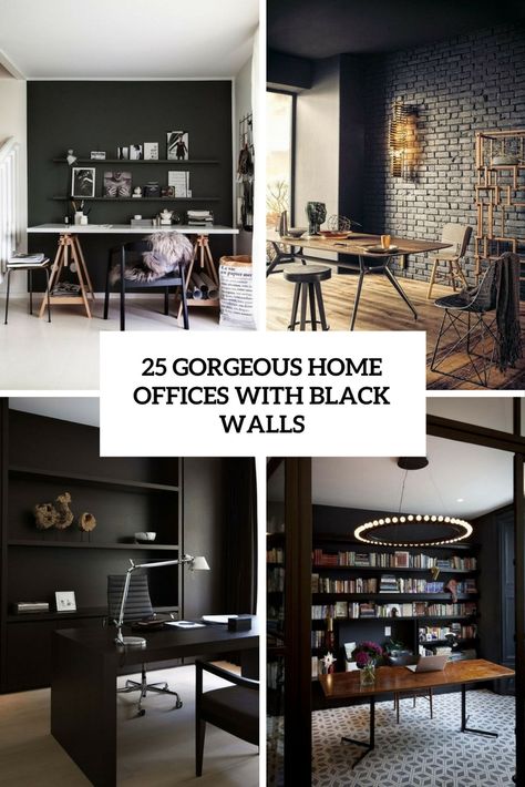 gorgeous home offices with black walls cover Black Office Walls Modern, Black Decor Office, Black Walls Office Design, Black Computer Room, Black Office Furniture Decor, Black Wallpaper Office, Home Office Ideas Black And White, Home Office Wall Behind Desk, Black Office Wall Decor