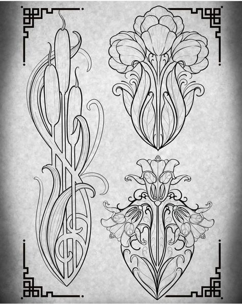 Fleurs Art Nouveau, Art Nouveau Tattoo, Motifs Art Nouveau, Nouveau Tattoo, Illustration Art Nouveau, Design Art Nouveau, Motif Art Deco, Art Nouveau Illustration, Art Nouveau Pattern