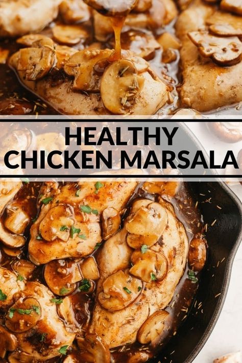 If you love saucy chicken you'll be a big fan of this Healthy Chicken Marsala! Seasoned chicken breasts simmer in a rich mushroom sauce! Serve over noodles, mashed potatoes, roasted potatoes, roasted broccoli, cauliflower rice, or traditional rice. Protein Easy Meals, Low Fat Chicken Breast Recipes, High Protein Easy Meals, Healthy Chicken Marsala, Low Calorie Dinner Ideas, Broccoli Cauliflower Rice, Lite Recipes, Saucy Chicken, Low Calorie Dinner