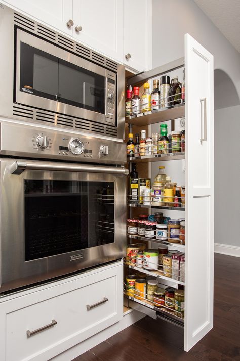 A vertical pull-out rack is genius kitchen storage solution for spices, sauces, and oils Kitchen Renovation Inspiration, Kitchen Storage Ideas, Kitchen Remodel Design, Just Tired, Kitchen Remodel Ideas, New House - Kitchen, Kitchen Remodel Before And After, Pantry Design, Kitchen Room Design