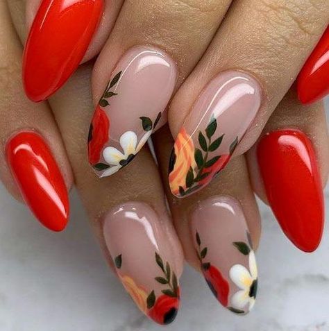 Rose Nail Design, Sns Nails Designs, Mexican Nails, Deep Red Nails, Bright Red Nails, May Nails, Floral Nail Designs, Summery Nails, Classy Acrylic Nails