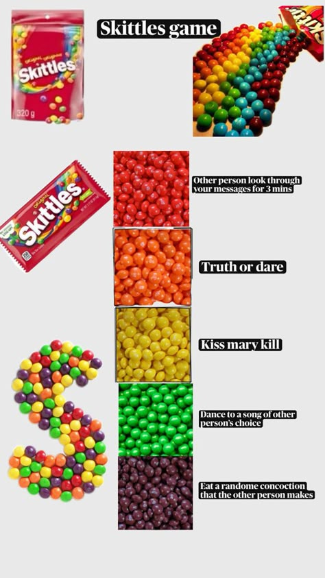 ❤️🧡💛💚💜 Skittles Challenge Sleepover, M And M Truth Or Dare, Skittles Game For Teens, Sleepover Game Ideas, Skittles Game, Fun Sleepover Activities, Sleepover Fun, Fun Sleepover Games, When Ur Bored