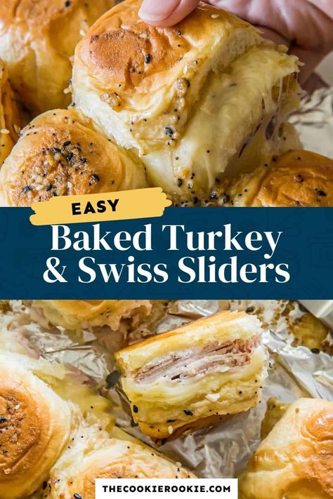 Turkey And Gravy Sliders, Turkey And Swiss Sliders Kings Hawaiian, Turkey And Swiss Sliders, Turkey Sliders On Hawaiian Rolls, Slider Ideas, Baked Sliders, Sliders Sandwiches, Sliders Recipes Turkey, Sliders Recipes Hawaiian Rolls