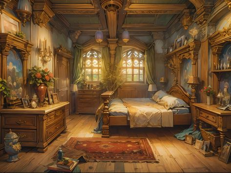 Inn Room Fantasy Art, Basement Fantasy Art, Castle Bedroom Fantasy Art, Fantasy Interior Art, Fantasy Inn Room, Druid Bedroom, Fantasy House Interior Art, Royal Bedroom Concept Art, Fantasy Bedroom Art