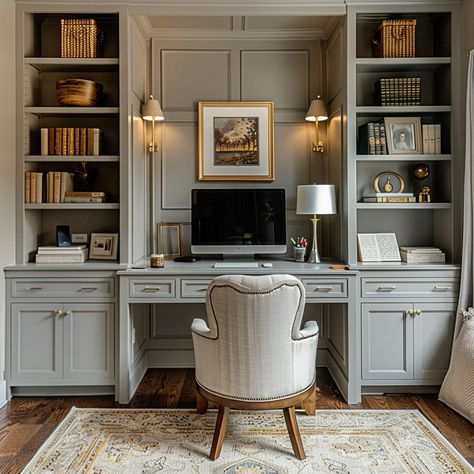 Home Office With Two Bookcases, Office Ideas With Built In Shelves, Home Office Waynes Coating, Built In Desk In Office, Office Interior Design Built In, Classic Home Office Ideas, Classy Study Room, Old Home Office, Built In Bookshelves Desk