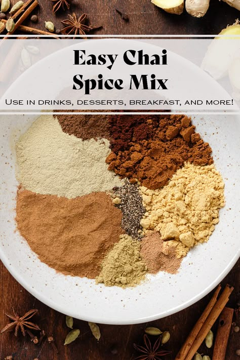 With this Chai Spice Mix, you can make practically any dish Chai flavored without having to add any tea. This spice mix has all the flavor of Chai we all know and love but none of the caffeine. You can use it in breads, muffins, pancakes, oatmeal, hot chocolate, coffee, smoothies, and more! So easy to make and so good! Homemade Chai Tea Recipe Spice Mixes, Chi Spice Recipe, Chai Tea At Home, Masala Chai Recipe Spice Mixes, Chai Tea Diy Spice Mixes, Chai Seasoning Recipe, Chai Tea Spices, Chia Tea Concentrate Recipe, Homemade Chai Spice Blend