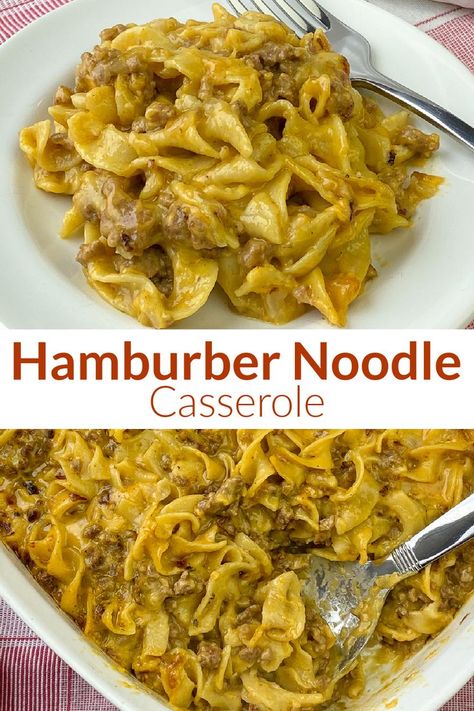 Collage of creamy hamburger noodle casserole with text Hamburger Noodle Casserole, Hamburger Meat Recipes Easy, Classic Hamburger, Easy Hamburger Casserole, Easy Ground Beef Casseroles, Easy Casserole Dishes, Hamburger Casseroles Recipes, Ground Beef Recipe, Ground Beef Casserole Recipes