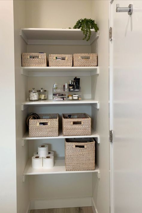 Open Shelving Organization, Bathroom Open Shelves, Bathroom And Closet Ideas, Bathroom Open Shelving, Water Closet Decor, Wooden Closet Shelves, Bathroom Closet Storage, Linen Closet Makeover, Shelving Organization