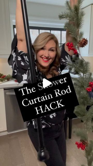 Jennifer Valentyne on Instagram: "I had to try the viral shower curtain rod hack to hang garland on my kitchen window. So easy and you can remove it and brace it somewhere else. If you try it let me know! Here’s what you need… •shower curtain rod •garland •wire and more branches if you choose •lights  Just wrap it around the rod and let the sides hang  #christmasdecor #garland #hack" Over Door Curtain Rod, Christmas Curtains Kitchen, Shower Curtain Rod Christmas Garland, Shower Curtain Garland, Kitchen Door Curtain Ideas, Garland On Curtain Rod, Shower Rod Christmas Garland, Tension Rod Christmas Garland, Curtain Rod Garland