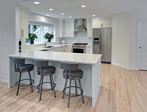 This L-Shaped kitchen design was transformed into a U-Shaped kitchen with the addition of a kitchen peninsula. Dura Supreme kitchen design by Boyer Building Corporation, Minnesota. Photography by Mark Ehlen of Ehlen Creative Communications. U Shaped Kitchen With Peninsula, Modern L Shaped Kitchens, Small U Shaped Kitchen, Peninsula Kitchen Design, G Shaped Kitchen, Kitchen With Peninsula, Küchen In U Form, Peninsula Kitchen, Kitchen Peninsula