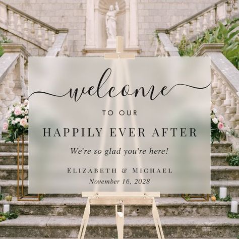 $68.6 | Elegant Happily Ever After Wedding Welcome Frosted - wedding welcome sign, happily ever after, elegant, we're glad you're here, simple, minimal modern, chic, script, minimalist, frosted Frosted Glass Wedding Sign, Acrylic Wedding Welcome Sign, Happily Ever After Party, Ever After Party, Happily Ever After Wedding, Ever After Wedding, Gold Typography, Frosted Acrylic, Wedding Posters