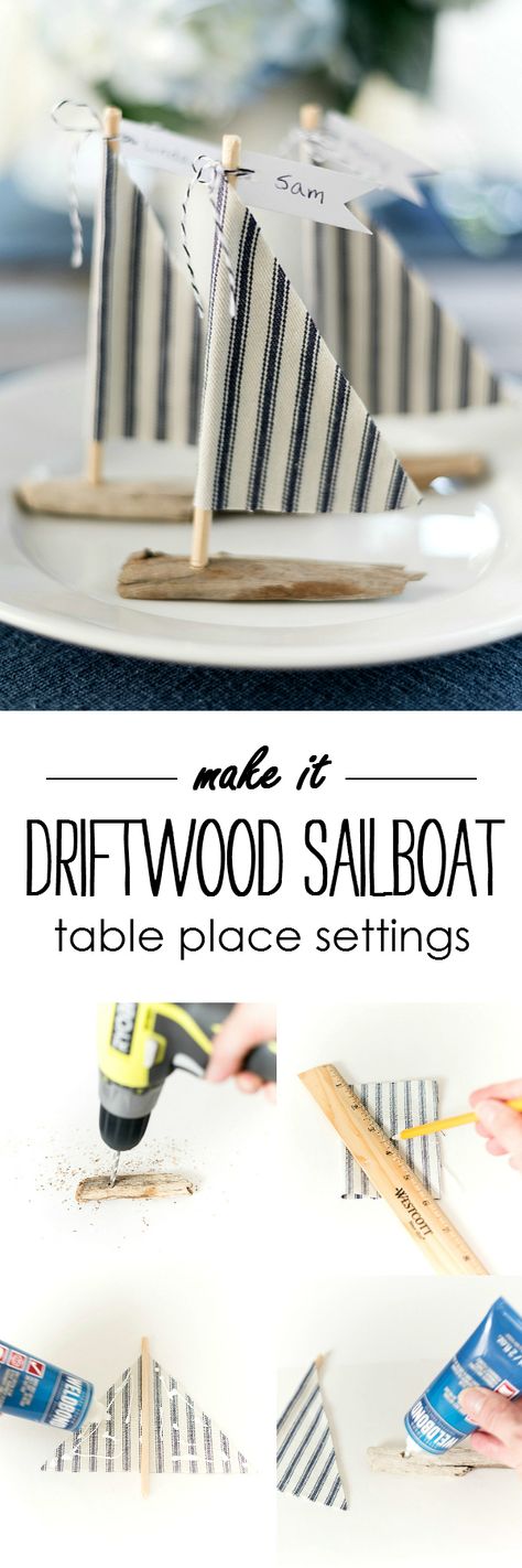 How to Make Driftwood Sailboat Place Setting DIY - Easy Nautical Place Setting Idea with Driftwood Sailboats @It All Started With Paint Upcycle Driftwood, Nautical Place Cards, Diy Sailboat, Diy Place Settings, Driftwood Sailboat, Diy Driftwood, Wood Craft Ideas, Driftwood Projects, Table Place Settings