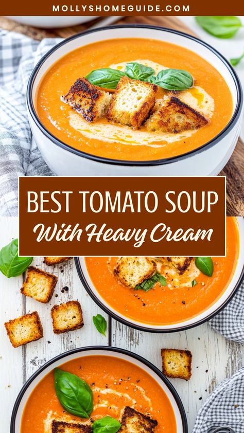 Indulge in the rich, velvety goodness of homemade tomato soup with heavy cream. This classic comfort dish is perfect for chilly days or whenever you crave a cozy meal. The combination of ripe tomatoes and creamy heavy cream creates a luscious soup that will warm you from the inside out. Make a big batch to enjoy throughout the week or serve it alongside your favorite grilled cheese sandwich for the ultimate comfort food experience. Soup With Heavy Cream, Creamy Tomato Soup Easy, Tomato Bisque Soup, Homemade Tomato Soup Recipe, Best Tomato Soup, Homemade Tomato Soup, Cream Of Tomato Soup, Tomato Soup Easy, Tomato Soup Homemade