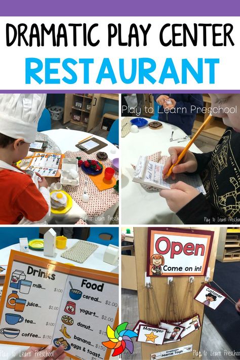 This restaurant dramatic play center for preschoolers is a great way for students to practice important life skills. Students get to use imaginary play as they take on the role of cook, waiter, and waitress. Students have fun playing with pretend food and taking your order. This set comes with dramatic play name tags so everyone can play a part. This dramatic play idea is an all time favorite and can be enjoyed any season. Restaurant Dramatic Play Kindergarten, Pretend Play Restaurant Printables, School Cafeteria Dramatic Play, Cooking Dramatic Play Preschool, Restaurant Role Play Eyfs, Restaurant Dramatic Play Printables, Restaurant Theme Preschool Activities, Imaginary Play Preschool, Restraunt Dramatic Play