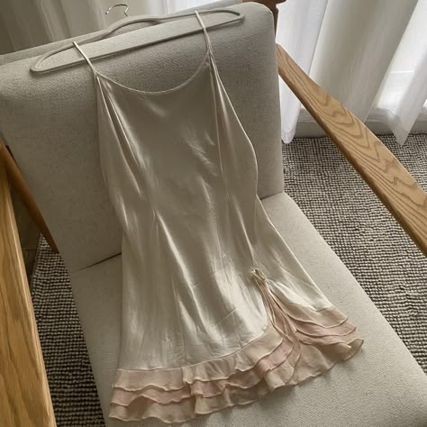 Vintage silk slip dress with ruffles • brand:... - Depop Silk Slip Dress Nightwear, Satin Sleep Set, Silk Clothes Aesthetic, Vintage Slip Dress Outfit, Slip Dress Aesthetic, Old Money Party, Silk Lingerie Dress, Cute Slip Dress, Bed Dress