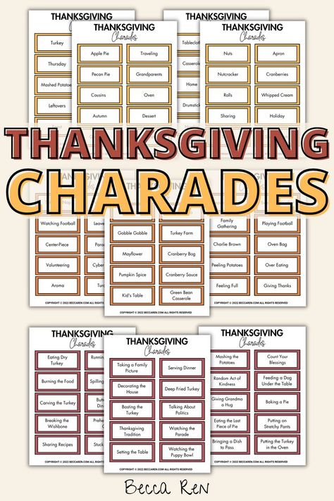 Thanksgiving Charades Thanksgiving Ideas For Work, Charades For Adults, Thanksgiving Activities For Adults, Thanksgiving Activities For Elementary, Thanksgiving Charades, Thanksgiving Activities For Toddlers, Holiday Charades, Preschool Thanksgiving Activities, Kids Thanksgiving Activities