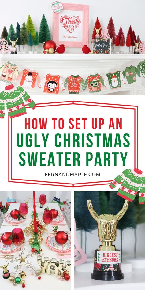 Get all of the inspiration you need for an Ugly Christmas Sweater holiday party - from mantle decor, to place settings, to fun photo booth props and awards for the ugliest sweaters - now at fernandmaple.com! Ugly Sweater Awards Printable Free, Ugly Sweater Decorations, Ugly Christmas Sweater Party Ideas Decor, Ugly Christmas Sweater Party Ideas Food, Ugly Sweater Birthday Party, Ugly Sweater Christmas Party Ideas, Best Ugly Christmas Sweater Ideas, Ugly Sweater Party Decorations, Ugly Sweater Party Food