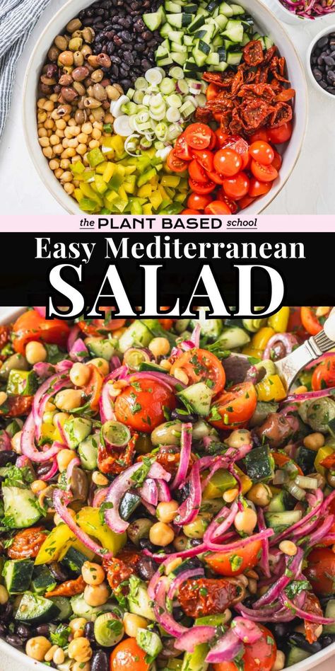 Our Mediterranean salad recipe combines the textures and tastes of fresh veggies, legumes, herbs, olives, and sun-dried tomatoes to create the ultimate Mediterranean dish. Mediterranean Salad Recipe, Mediterranean Recipes Healthy, Protein Vegetarian, Mediterranean Diet Recipes Dinners, Plant Based School, Healthy Bowl, Oil Dressing, Easy Mediterranean Diet Recipes, Mediterranean Salad