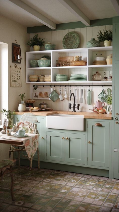 Create a timeless small cottage kitchen with these vintage modern cottage ideas that bring character and charm into any kitchen space.... Cottage Kitchen Pantry, Cozy Cottage Kitchen English Country, Quaint Cottage Interior, Enclosed Kitchen Ideas, English Cottage Kitchen Ideas, Mini Kitchen Ideas Small Spaces, Modern English Cottage Interiors, Vintage Modern Cottage, Vintage Kitchen Aesthetic