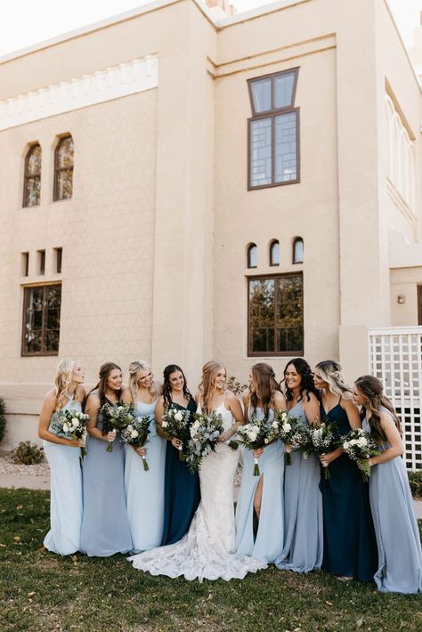 Blue Boho Bridesmaid Dress, Dusty Blue Bridesmaid Dresses Fall, Light And Dark Blue Bridesmaid Dresses, Dusty Blue And Taupe Bridesmaid Dresses, Bridesmaids Dresses Dusty Blue, Various Blue Bridesmaid Dresses, Blue Tone Bridesmaid Dresses, Different Blues Bridal Party, Bridesmaids As Something Blue