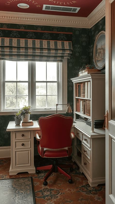 Transform your workspace with Victorian-style details, including intricate woodwork, antique desks, and opulent fabrics. Desk Chair Vintage, Victorian Study Aesthetic, Victorian Style Office, Victorian Home Office, Feminine Home Office Classy, Dark Home Office, Victorian Study, Intricate Woodwork, Feminine Home Office