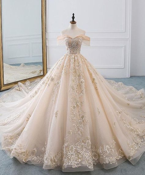 Description Champagne off shoulder tulle lace long wedding dress, wedding gown Material: tulle, lace Size: US 2, US 4, US 6, US 8, US 10, US 12 US 2     Bust(inch)32 1/2        Waist(inch)25 1/2    Hips(inch)35 3/4   Shoulder to Floor(inch)58US 4     Bust(inch)33 1/2        Waist(inch)26 1/2    Hips(inch)36 3/4   Shoulder to Floor(inch)58US 6     Bust(inch)34 1/2        Waist(inch)27 1/2    Hips(inch)37 3/4   Shoulder to Floor(inch)59US 8     Bust(inch)35 1/2        Waist(inch)28 1/2    Hips(inc Royalcore Wedding, Fantasy Ball, Royalty Core, White And Gold Wedding, Royal Ball, Beautiful White Dresses, Gaun Fashion, Royal Aesthetic, Sweetheart Wedding Dress