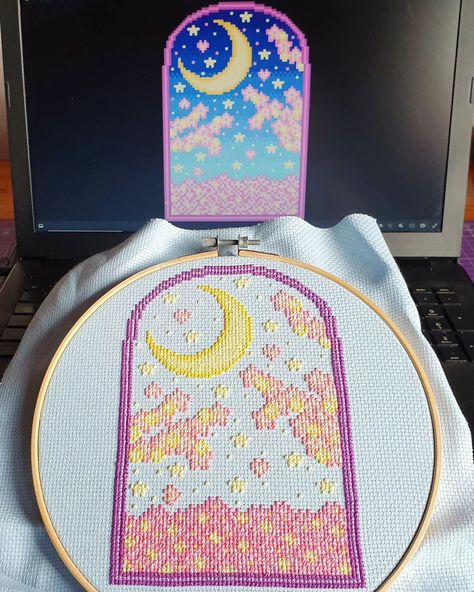 Night Sky Cross Stitch WIP, only the Background is missing now. 💙⭐ #crossstitch #crossstitchpattern #craft #kreuzstich #sticken #moon #japan #pastel #cute #kawaii #photo #photooftheday #pretty #love Cross Stitch Pixel Art, Cross Stitch Crafts, Sailor Moon Cross Stitch, Cute Cross Stitch Patterns, Cross Stitch Moon, Sky Cross Stitch, Cross Stitch Ideas, Pretty Cross Stitch, Moon Cross Stitch Pattern