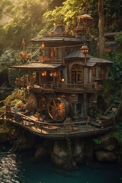 Hidden Mountain House, Fantasy Pirate Town, Fantasy Pirate City, Pirate Town Aesthetic, Pirate Village, Pirate Castle, Pirate City, Pirate Town, Pirate House