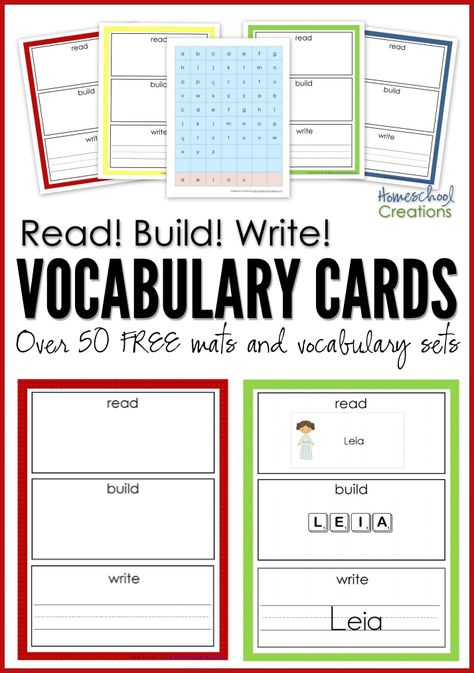 Over 50 FREE vocabulary mats and card sets for Read! Build! Write! vocabulary mats || Homeschool Creations Writing Mats Free Printable, Read Build Write Mats Free, Read It Make It Write It Free, Vocabulary For Preschoolers, Read It Build It Write It Free Printable, Word Builder Mat, Read It Write It Build It Free, Build A Word Free Printable, Say It Build It Write It Free Printable