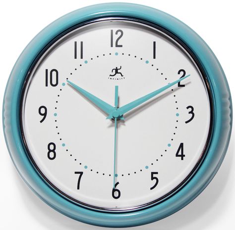 Free 2-day shipping on qualified orders over $35. Buy Infinity Instruments Retro 9.5-Inch Wall Clock at Walmart.com White And Chrome Kitchen, Bathroom Clocks, Decorating Games, Diner Kitchen, Kitchen Wall Clock, Turquoise Frame, Clock Collection, Wall Clock Light, Blue Wall Clocks