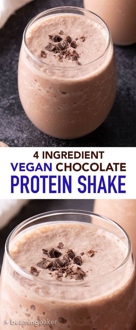 Chocolate Vegan Protein Shake Recipe (V, GF): all you need are 5 minutes & 3 ingredients to make the EASIEST & best vegan protein shake recipe—delicious, healthy & protein-rich! 22g of protein per serving. Low Sugar, Gluten Free. #Vegan #Protein #Shake #Recipe | Recipe at BeamingBaker.com High Protein Shake Recipes, Vegan Protein Shakes, Vegan Peanut Butter Cups, Peanut Butter Protein Shake, Vegan Protein Shake, Protein Shake Recipe, Vegan Shakes, Chocolate Peanutbutter, Best Vegan Protein