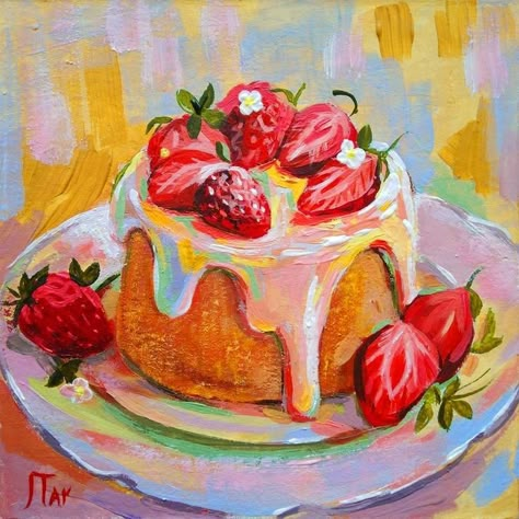 Gouache Ideas, Cake With Strawberries, 귀여운 음식 그림, Arte 8 Bits, Food Painting, Oil Pastel Art, Cute Paintings, Dessert Cake, Arte Sketchbook