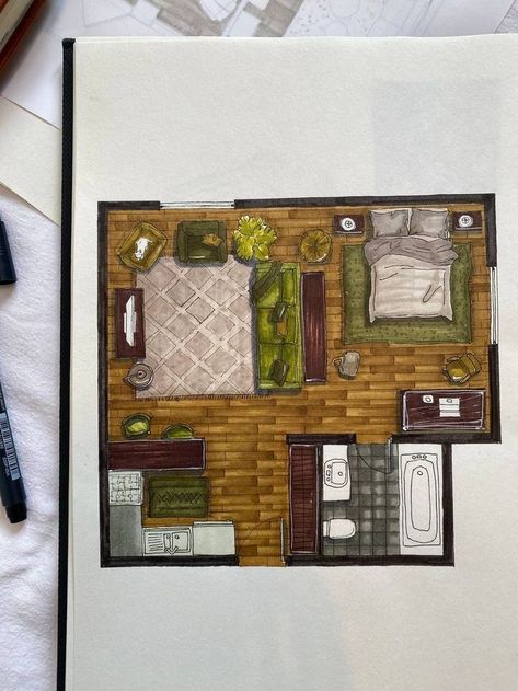 Rendering With Markers, Floor Plan Rendered Markers, Marker Rendering Architecture, Render Floor Plan, Architect Drafting, Texture Rendering, Bubble Diagram Architecture, College Portfolio, Rendering Architecture