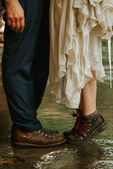 Hiking Prenup Ideas, Wedding Hiking Boots, Hiking Wedding Photos, Outdoorsy Wedding Dress, Wedding Hike, Hike Wedding, Camping Elopement, Mountain Elopement Dress, Outdoorsy Wedding