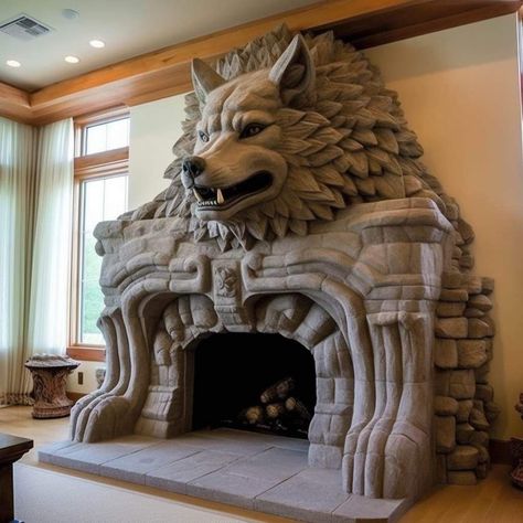 Wolf Furniture, Carved Fireplace, Mantel Fireplace, Amazing Bedroom Designs, Warm Fireplace, Fantasy Furniture, Fantasy Decor, Crochet Work, Fantasy House