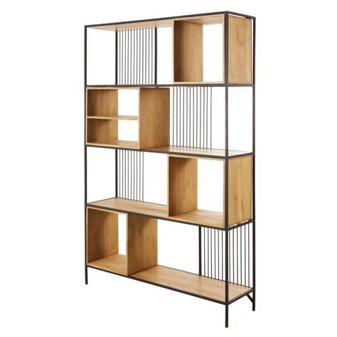 Solid Mango Wood and Black Metal Shelving Unit Wayampi | Maisons du Monde Shelf Partition, Desk Rack, Industrial Racks, Metal Living Room, Wood Shelving Units, Metal Shelving Units, Door Design Modern, Living Room Partition Design, Living Room Partition