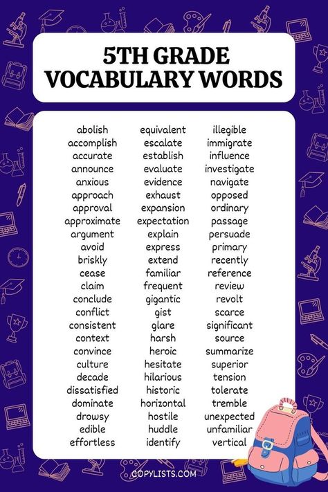 a list of 5th grade vocabulary words with a cartoon backpack 4th Grade Vocabulary Words, 4th Grade Spelling Words, 5th Grade Spelling Words, 5th Grade Spelling, Spelling Bee Words, 4th Grade Spelling, 5th Grade Homeschool, Spelling Words List, Words List