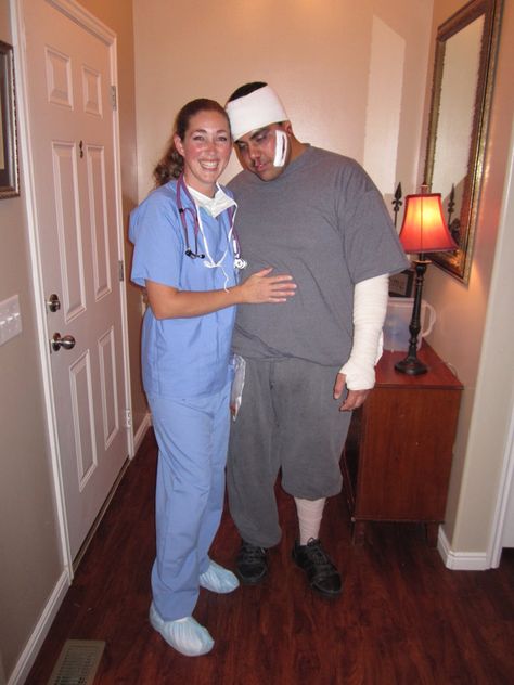 Nurse and patient Halloween costume! Nurse Patient Costume, Hospital Patient Halloween Costume, Nurse Costume Couple, Patient Costume Ideas, Halloween Patient Costume, Doctor Halloween Costumes Women, Nurse Halloween Costumes Scrubs, Nurse And Patient Costume Couple, Doctor And Patient Costume