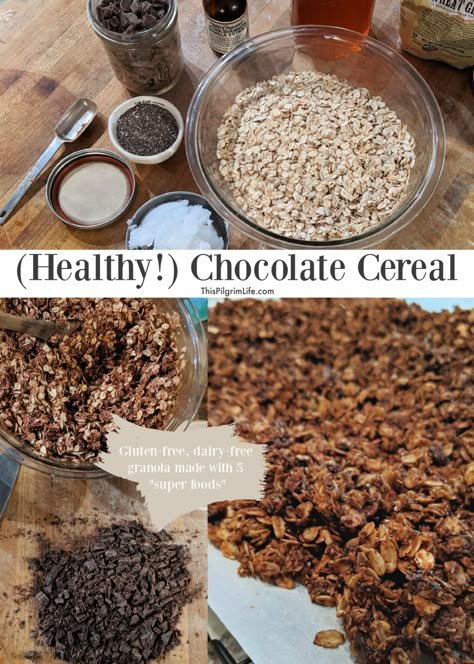 Healthy, homemade chocolate cereal made with five superfoods and no refined sugar. So good as a cereal with milk, or as a topping for yogurt! Chocolate Cereal Recipes, Oat Cereal Recipe, Homemade Chocolate Cereal, Home Made Cereal Recipes, Homemade Oat Cereal, Healthy Cereal Recipes, Diy Oat Cereal, Kix Cereal Recipes, Homemade Healthy Cereal Recipe