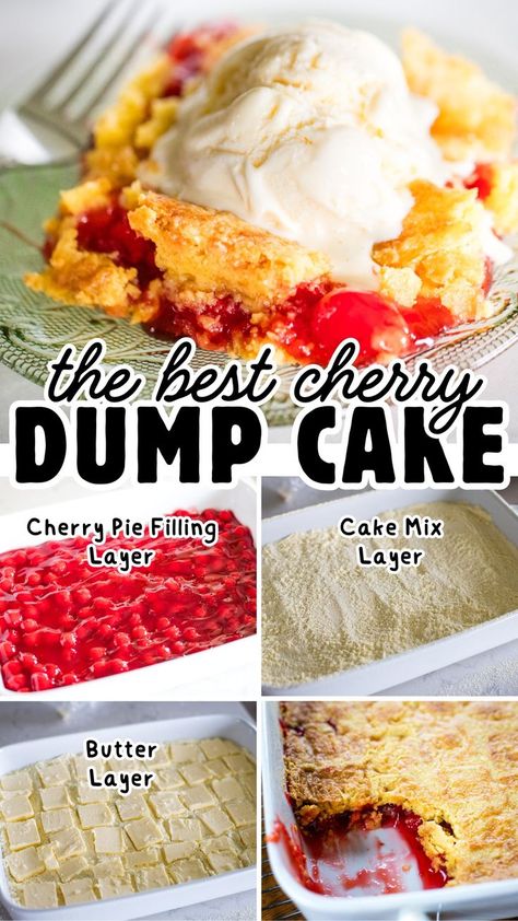 cherry dump cake on plate with four step by step photos Pineapple Dump Cake Recipe, Cherry Pineapple Dump Cake, Cherry Dump Cake Recipe, Pineapple Dump Cake, Cake For Two, Food For Two, Cherry Dump Cake, Small Batch Recipes, Dump Cake Recipe