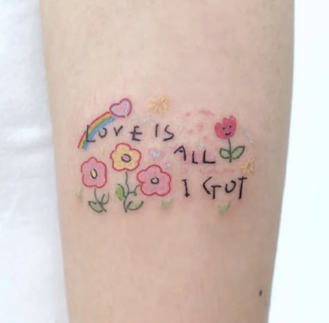 Rainbow Word Tattoo, Color Word Tattoos, Cute Little Tattoos With Meaning, Love Is Love Tattoo, Kawaii Tattoo Ideas, Pastel Tattoo, Soft Tattoo, Whimsical Tattoos, Pride Tattoo