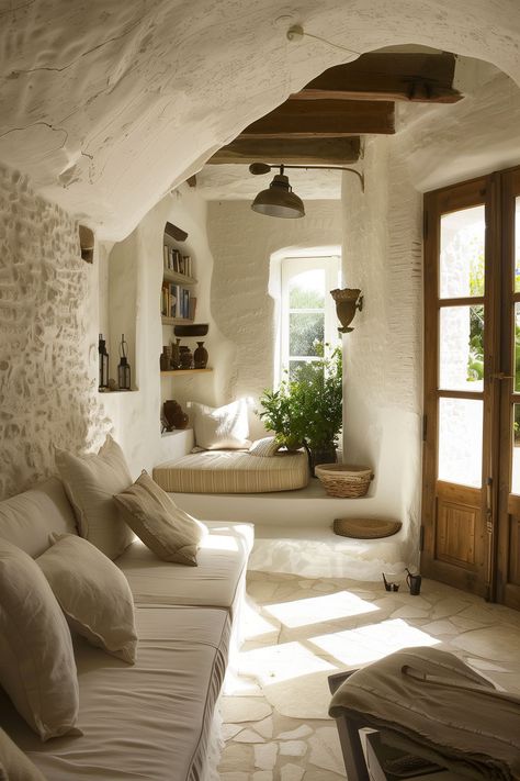 Follow us to discover the effortless elegance of Mediterranean interiors that seamlessly blend light and minimalism. These cozy spaces redefine comfort and style, inviting you to embrace simplicity. 🌟🏠 #ElegantInteriors #MediterraneanLiving #CozyMinimalism French Door Patio, Spanish Interior Design, Italian Farm, Small Studio Apartment Design, Boho Studio, Spanish Interior, Dream House Aesthetic, Tuscany Style, Spain House