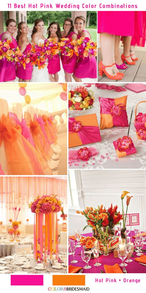 11 Best Hot Pink Wedding Color Combinations Ideas -No.7 Hot Pink and Orange #colsbm #weddings #weddingideas #pinkweddding b424 Hot Pink Wedding Colors, Pink Wedding Color Scheme, Orange Wedding Ideas, Pink And Orange Wedding, Coral Wedding Colors, Orange Wedding Themes, Orange And Pink Wedding, Hot Pink Wedding, Beach Wedding Decorations Reception