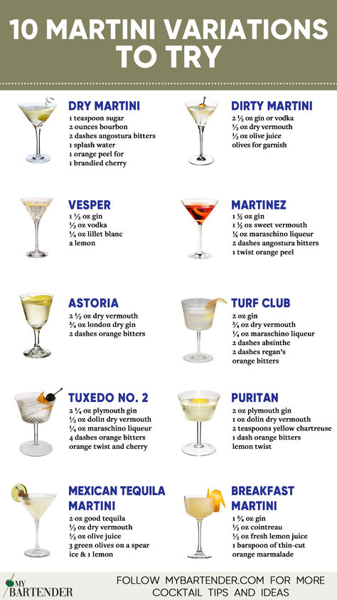 Martini Variations Good Martini Recipes, Martini Drinks Cocktail Recipes, Different Types Of Martinis, Yummy Martini Recipes, Different Martinis, How To Make A Martini, Simple Martini Recipes, Mocktail Martinis, Martini Recipes Gin