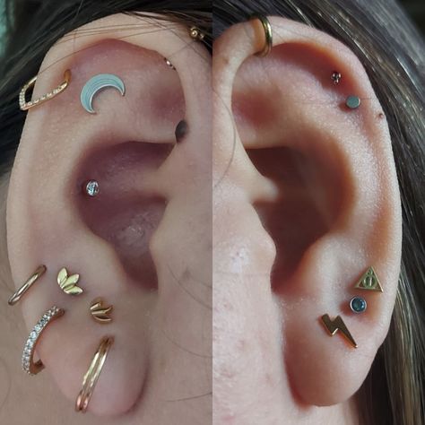 Harry Potter theme multiple piercings stacked lobe constellation piercing
#Piercingideas #stackedlobe #triplelobe #doublehelix #conch #flat #verticalhelix Antitragus And Conch Piercing, Double Vertical Helix Piercing, Vertical Lobe Piercing, Triple Lobe Piercing Ideas, Vertical Helix Piercing, Stacked Lobe, Triple Lobe Piercing, Piercing Styles, Triple Lobe