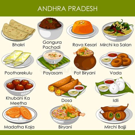 Illustration about Easy to edit vector illustration of delicious traditional food of Andhra Pradesh India. Illustration of kaja, assorted, buffet - 138204708 India Illustration, Food Map, Homemade Cookbook, Food Vocabulary, State Foods, Food Infographic, Food Charts, Easy Food Art, India Food